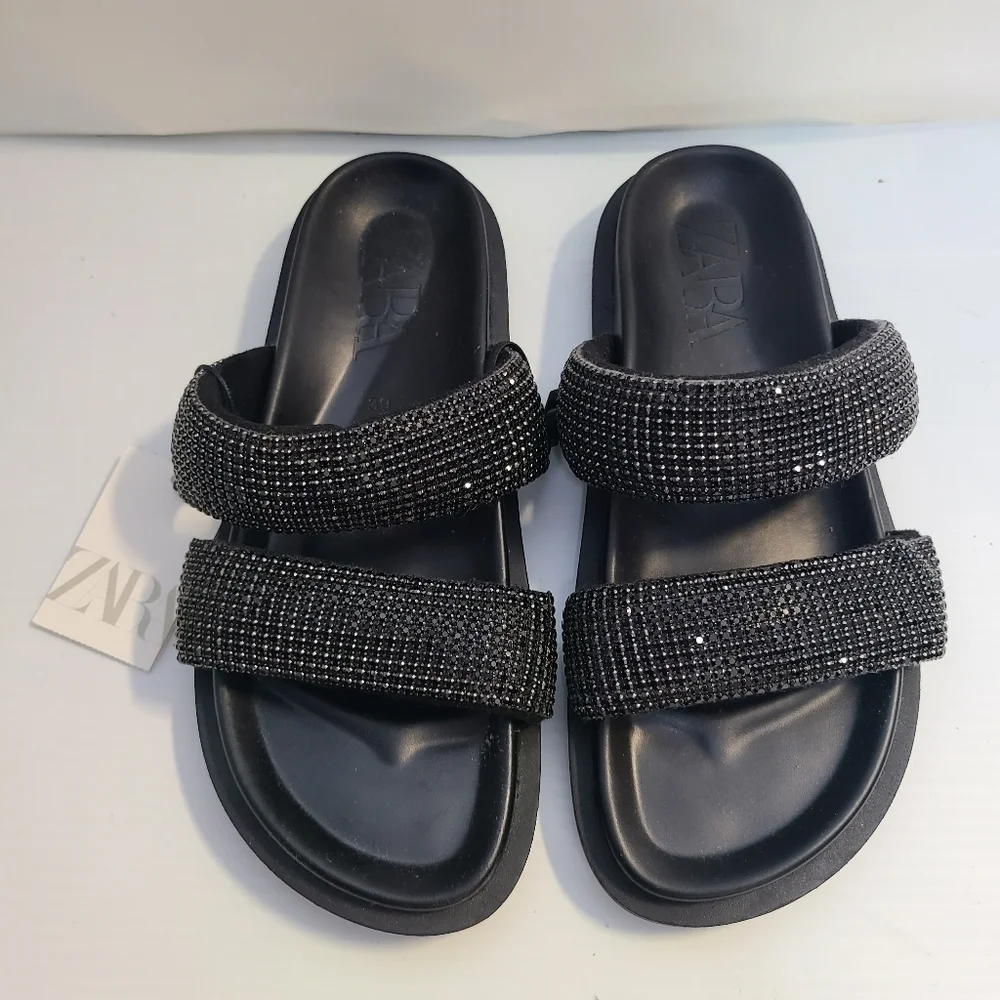 ZARA FLAT SLIDER SANDALS WITH RHINESTONES BLACK SIZE 7.5| 3661/110/800 - Picture 1 of 8